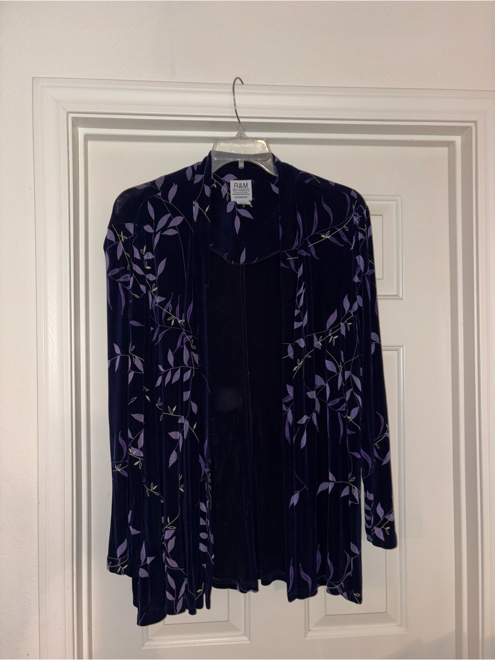 R&M Richards Deep Purple Velvet Floral Open Cardigan